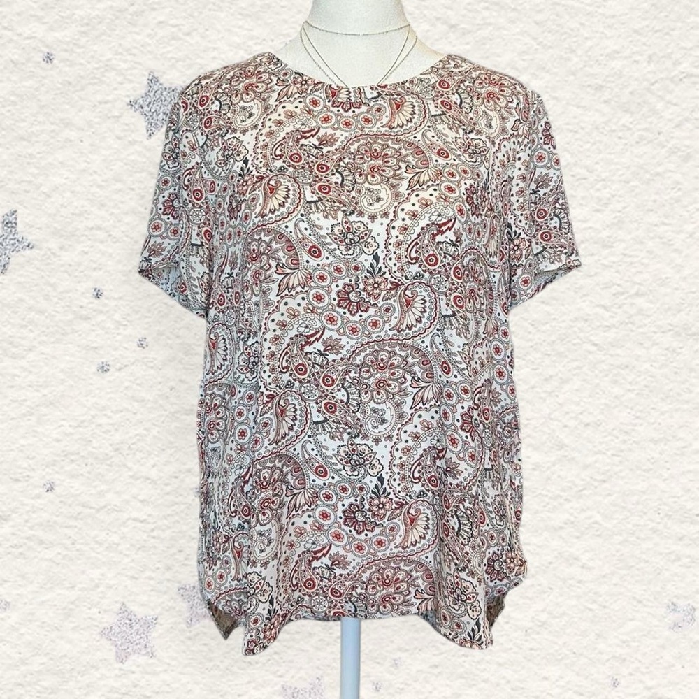 LOFT Red & White Paisley Short Sleeve Blouse S